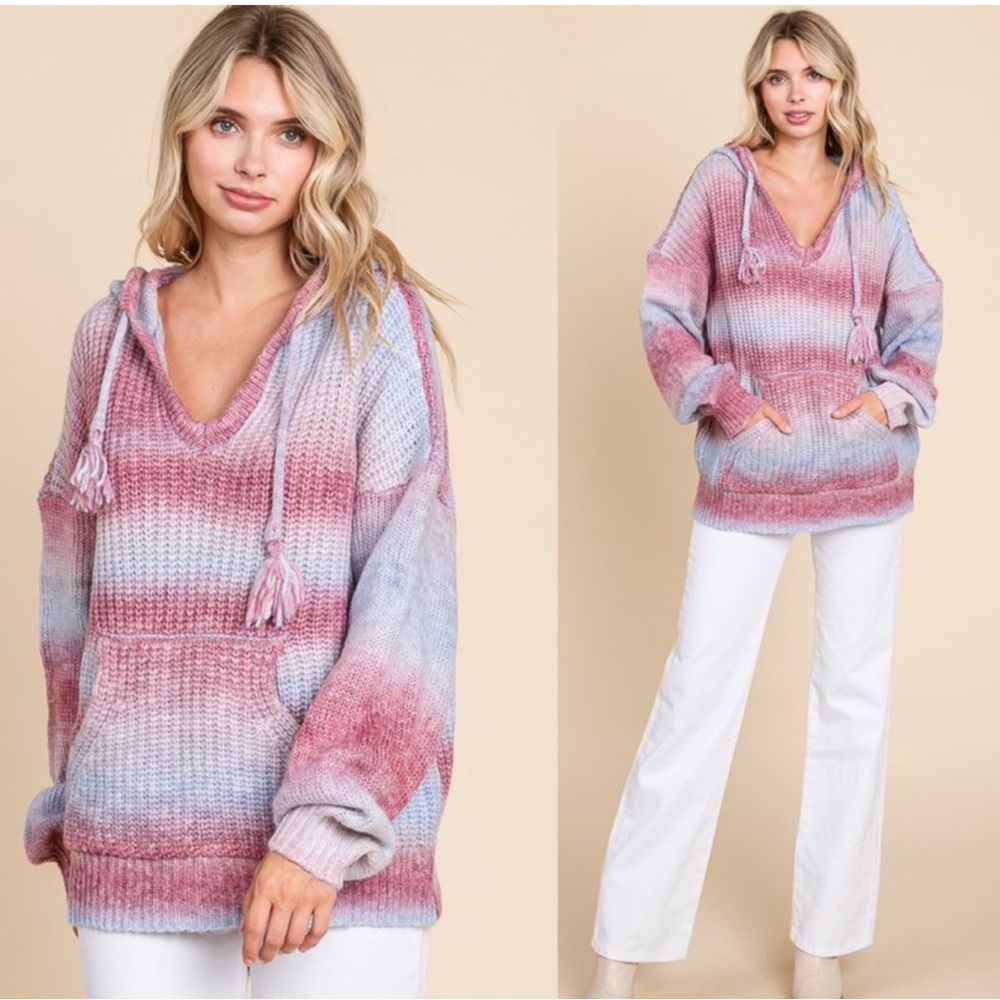Love Riche V-Neck Hooded Sweater in Pink and Gray NWTS NEW